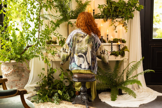 swan and birds printed kimono duster