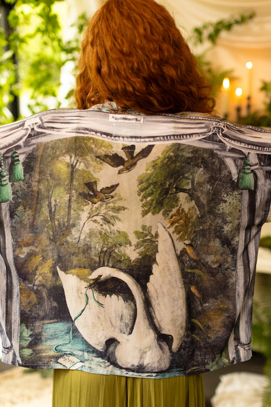 "Theatre of Dreams" Bamboo Silk Cropped Pixie Kimono Duster back detail