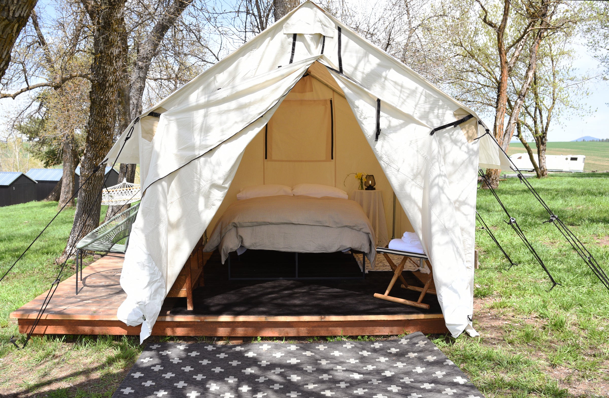 Canvas Glamping Tent platform at Hunter Moon Homestead