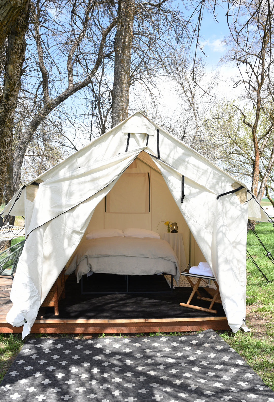 Canvas Glamping Tent platform at Hunter Moon Homestead