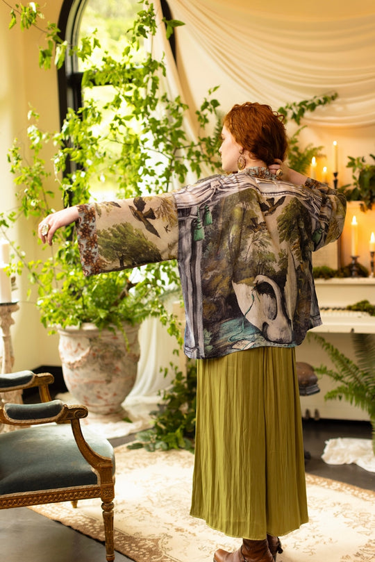 birds and trees silk printed crop kimono