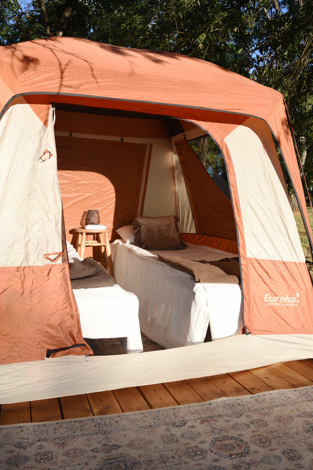 Tent platform with luxury cots at Hunter Moon Homestead