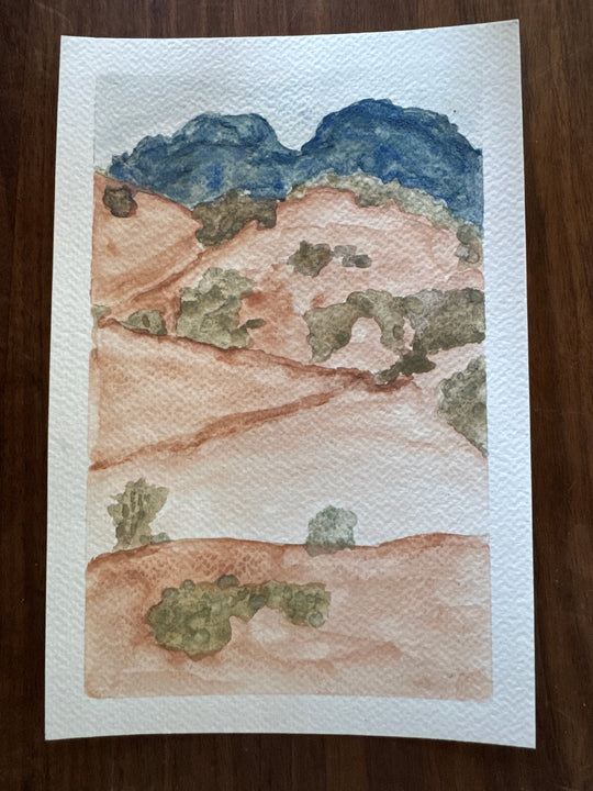 desert landscape watercolor painting from raw pigments