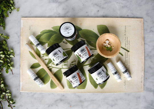 An overhead flat-lay of EAA essentials products arranged on a vintage botanical print with green leaves, a wooden spoon, and a small wooden bowl, set on a light marble surface.