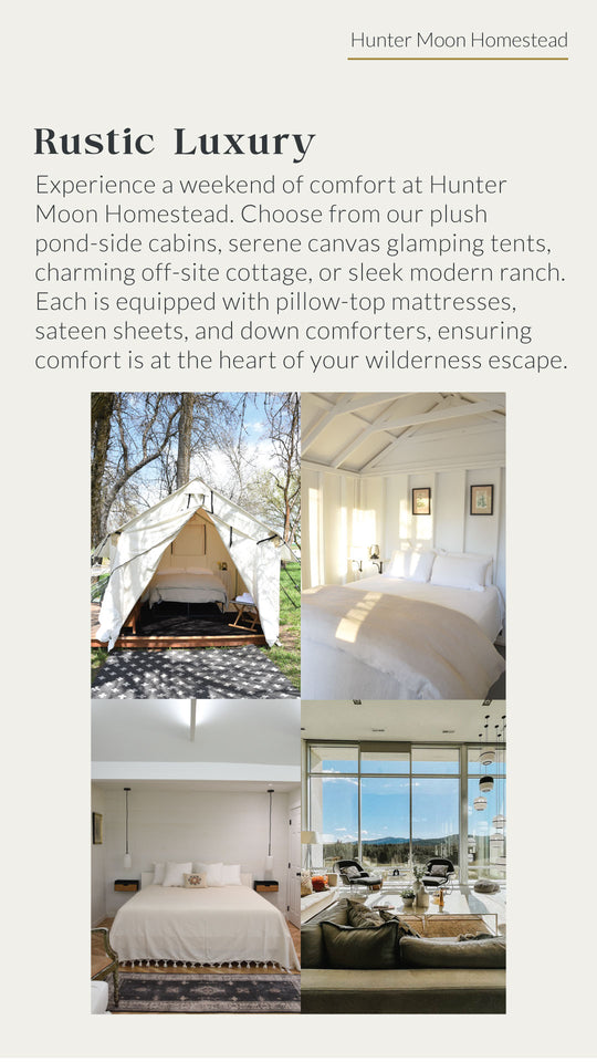 Advertisement for Hunter Moon Homestead with images of cabins, tents, and a bedroom.