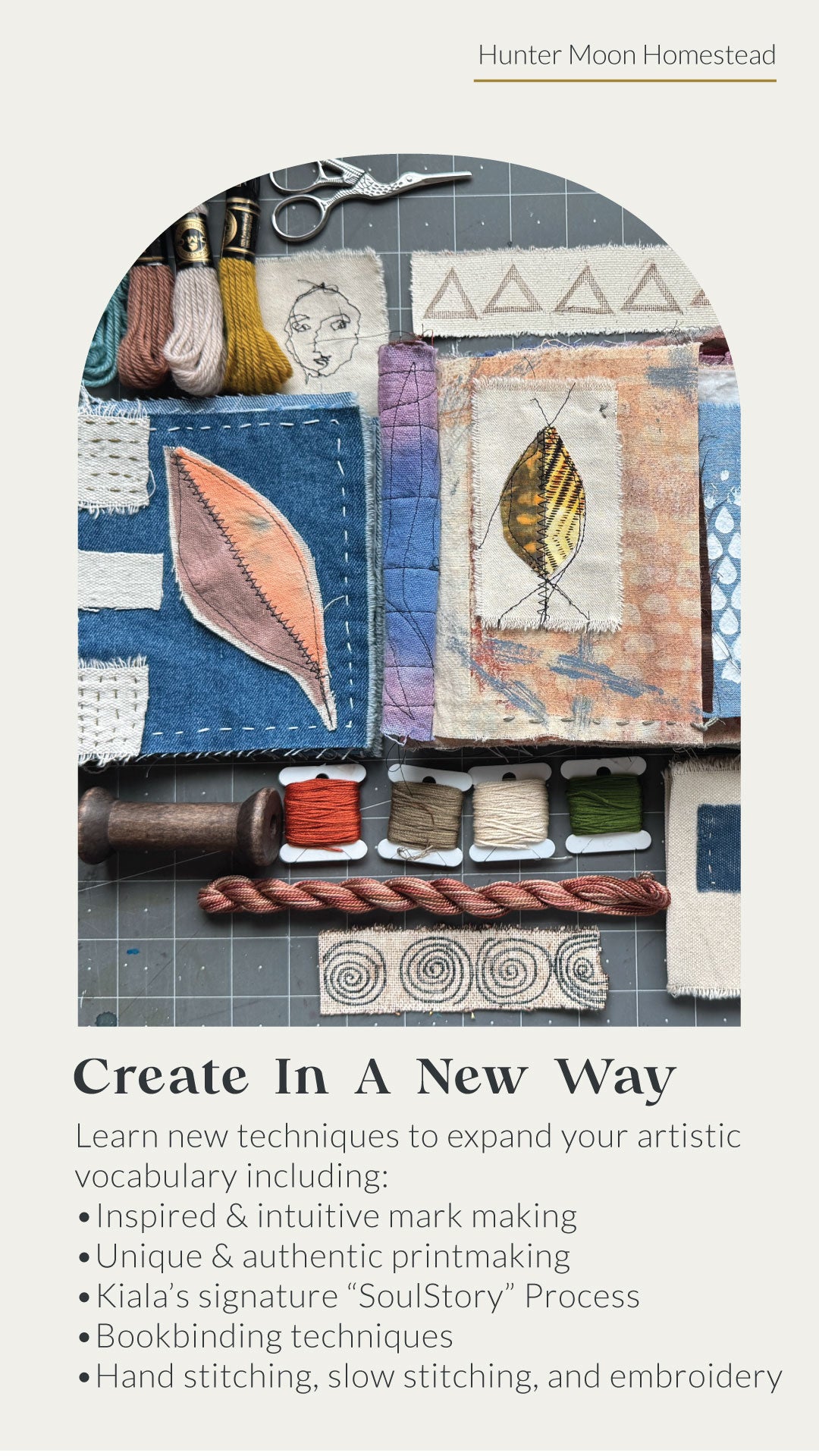 Textile art with tools and materials on a gray background, featuring the brand 'Hunter Moon Homestead'.