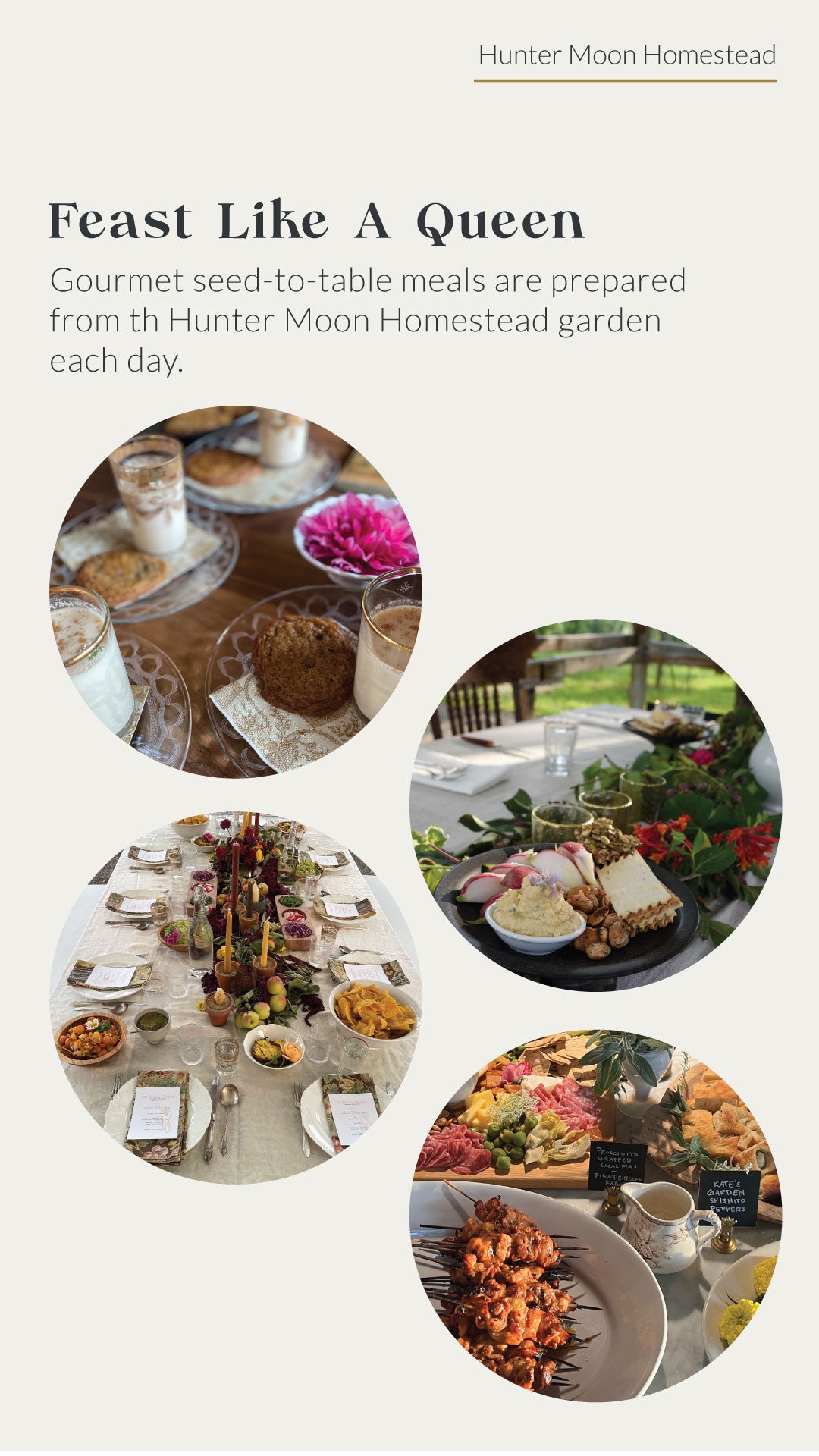 Advertisement for Hunter Moon Homestead featuring gourmet meals prepared from their garden.
