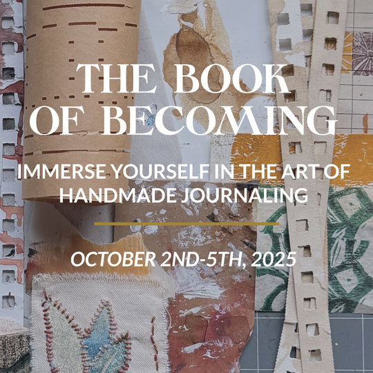 Promotional graphic for 'The Book of Becoming' event with textured paper stacks and text overlay.