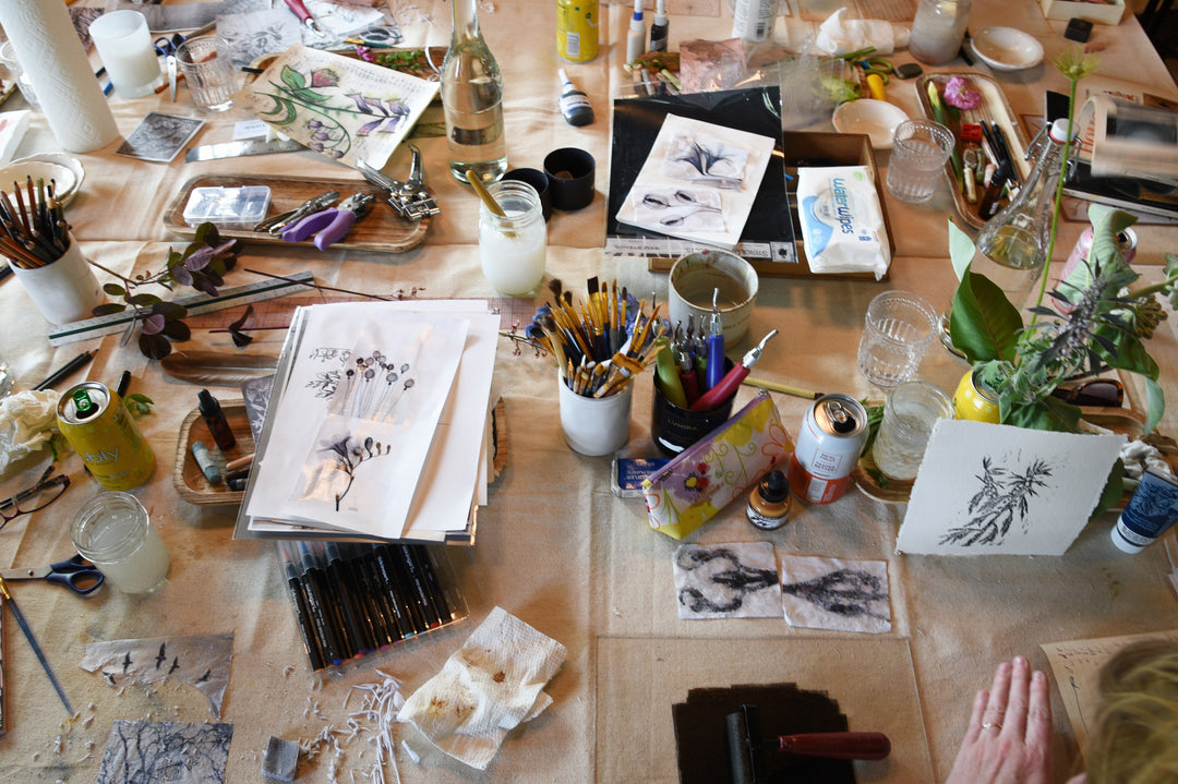 Artists at work creating in the Bee House Studio