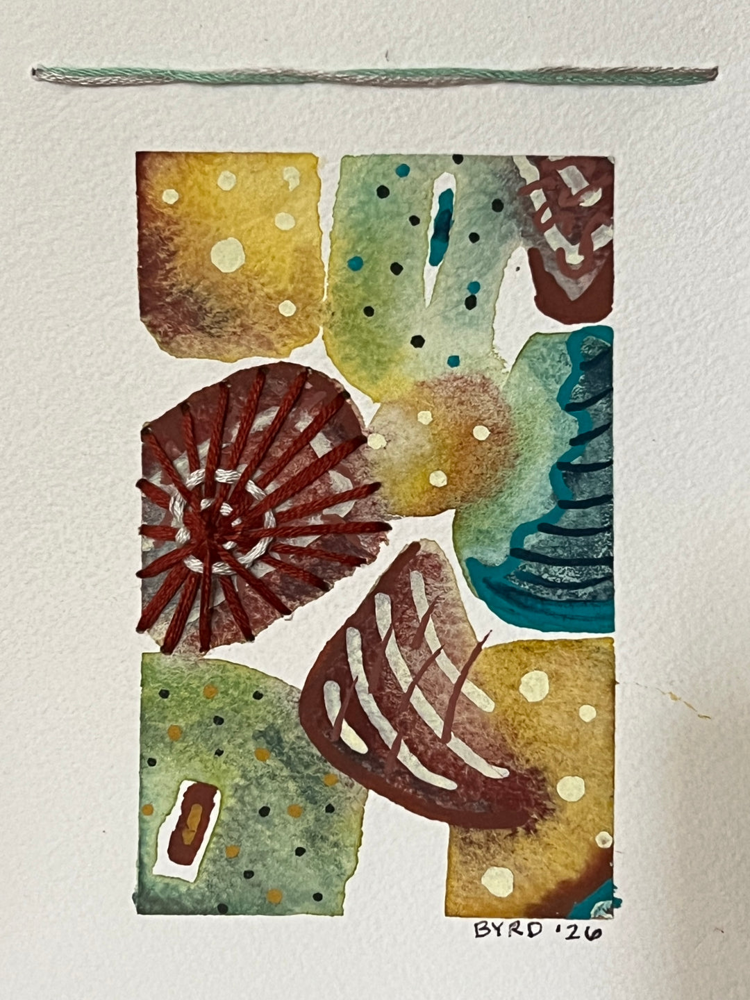 Watercolor painting study with stitching
