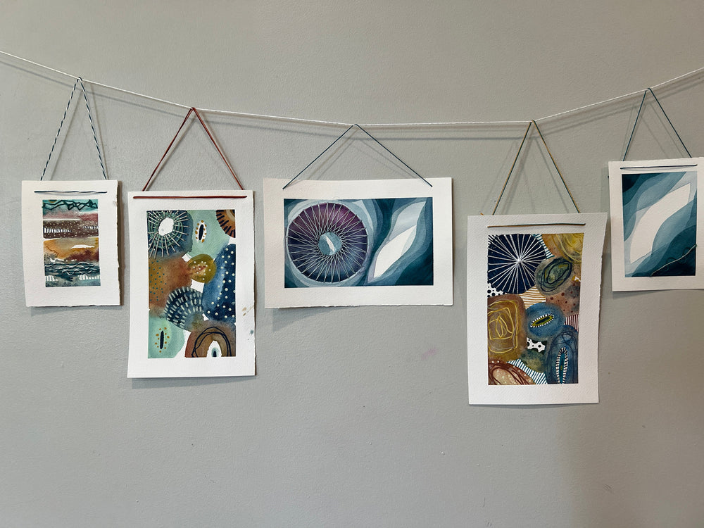 Watercolor shape and color explorations with Japanese stitching