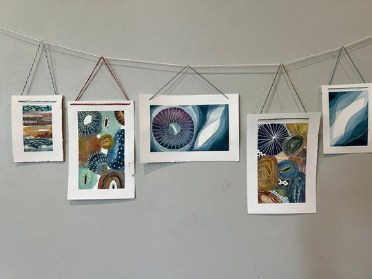 Watercolor shape and color explorations with Japanese stitching