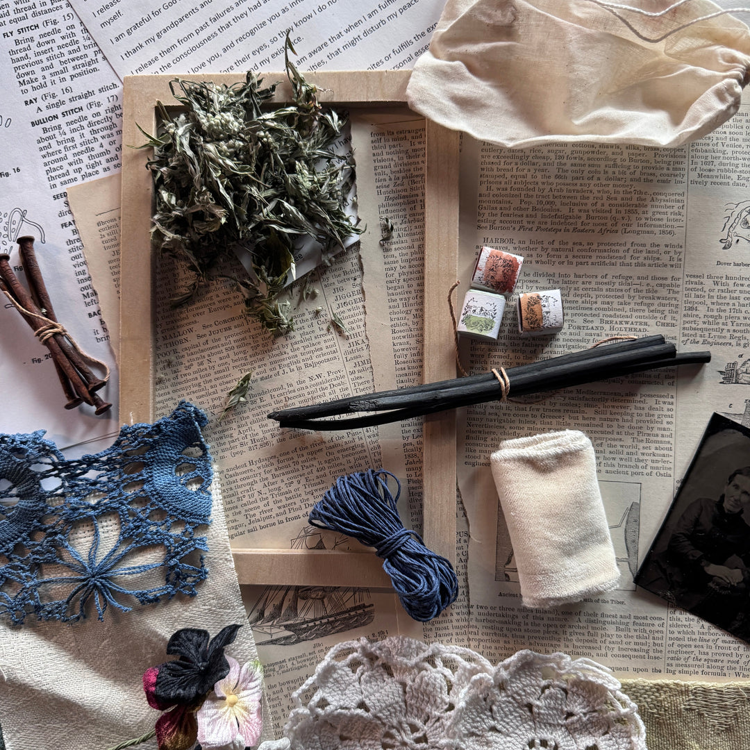 Reimagining the past online course artist's kit including charcoal, watercolors and assorted ephemera