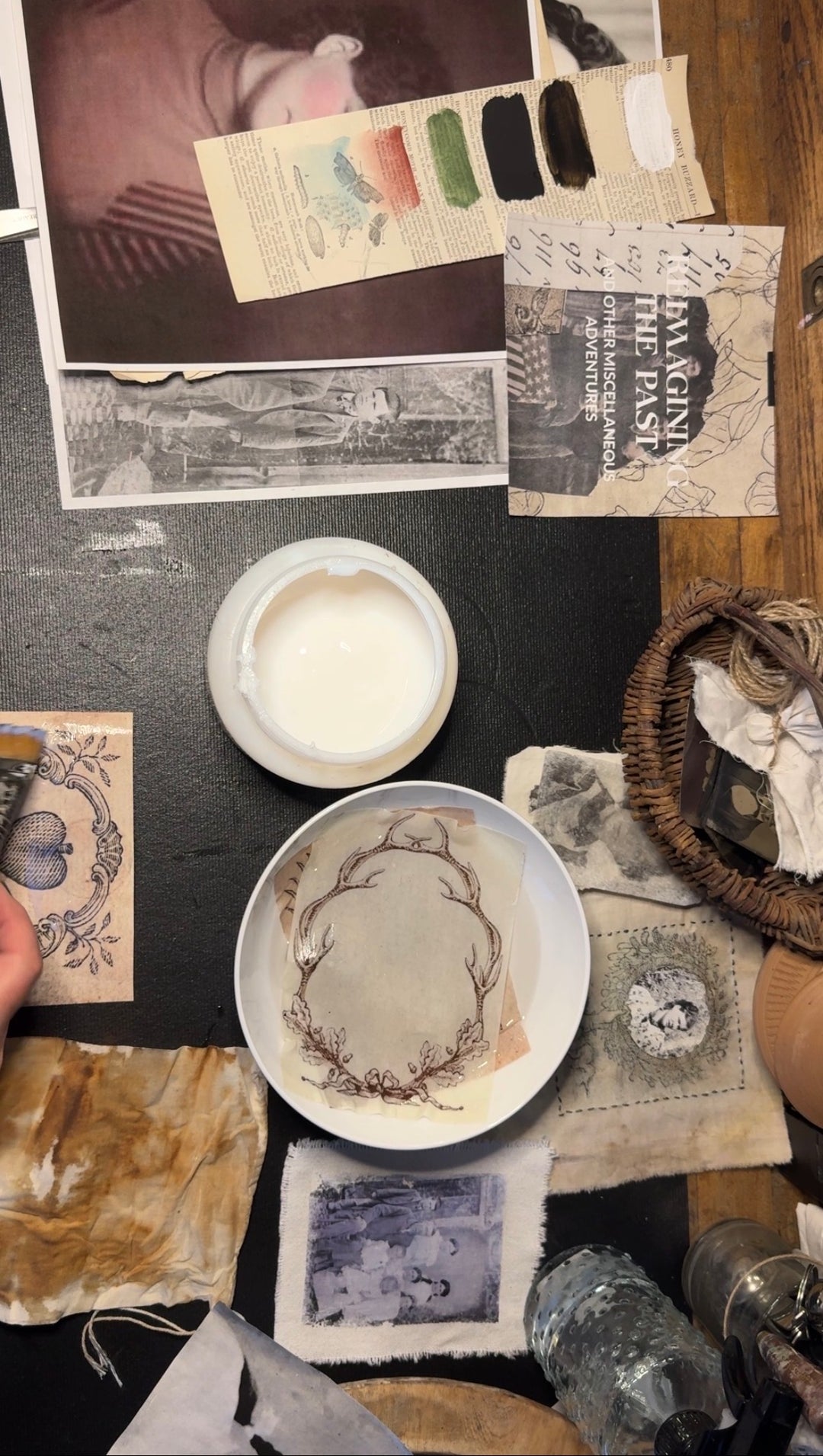 Collage of vintage-style items for acrylic gel transfer, including papers, and historic images