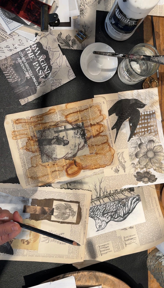 Artistic collage on a textured surface with various elements including a photograph, drawing and sketches